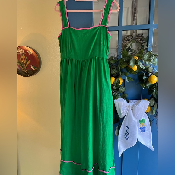 Pink City Prints Parrot Green Linen Sun Dress Pink Scalloped Trim Small S - Picture 4 of 5